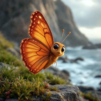Primary subject: A butterfly with a face painted on it.

Setting/background: A hillside with a body of water in the background.

Visual style: Digital art.

Colors and mood: The butterfly is orange and yellow, with a smiling face painted on it. The overall atmosphere is cheerful and playful.